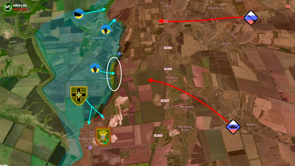 Der Frontabschnitt südlich von Bachmut. Eingekreist: der angebliche Durchbruch durch die russische Verteidigungslinie.