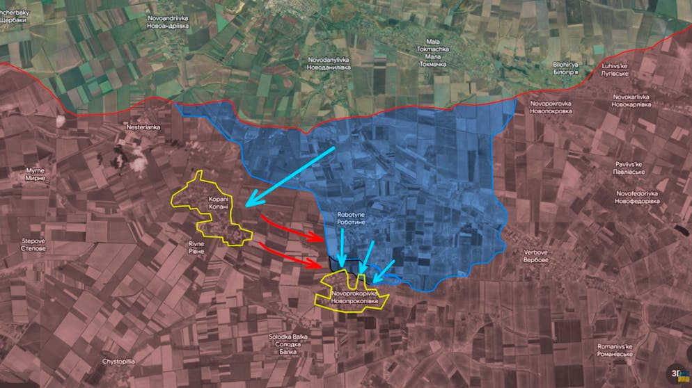 Die Front bei Robotyne: Ukrainische Truppen rücken nach Westen nach Kopani vor, um die Flanke derjenigen Einheiten zu schützen, die vor Nowoprokopiwka stehen.