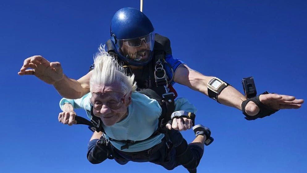 Dorothy Hoffner, 104, the world's oldest female skydiver, is shown here with tandem diver Derek Baxter.