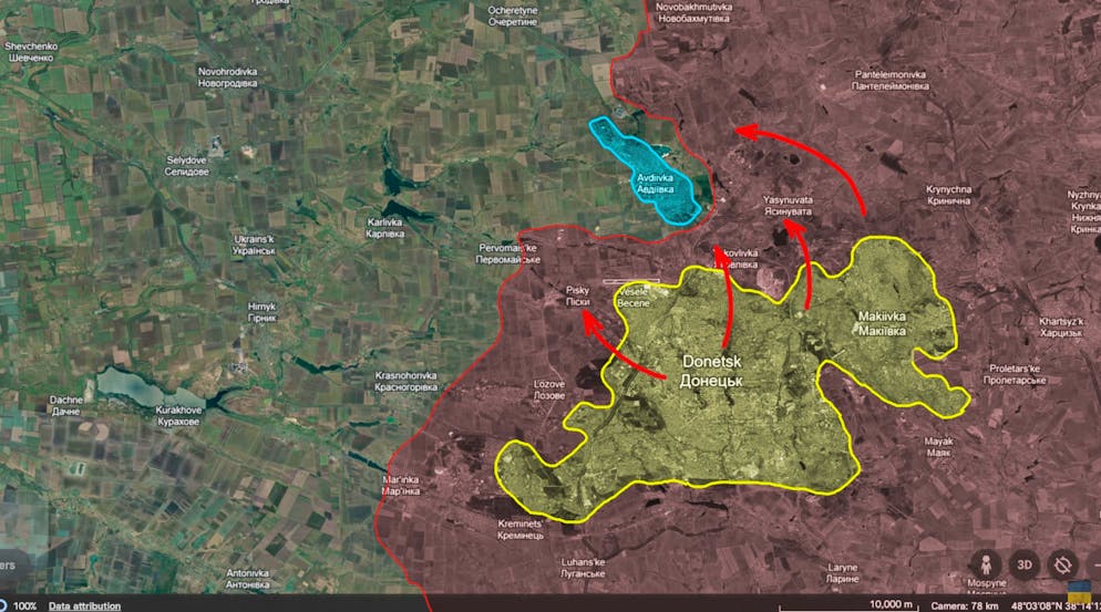Reporting from Ukaine zeigt auf, wie gut sich Donezk und Makijwka (gelb) eignen, um Truppen für einen Angriff auf Andijwka (blau) zu konzentrieren, ohne dass es zu stark auffällt.