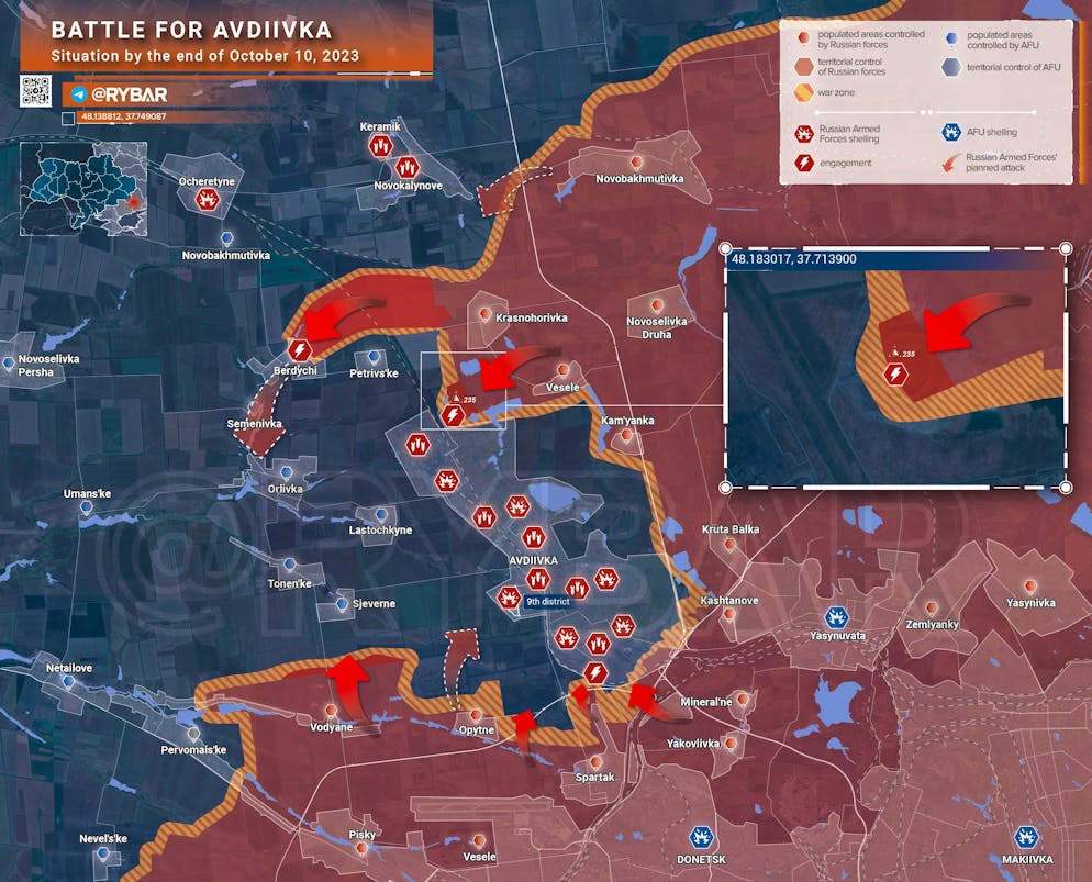 Der prorussische Telegram-Kanal Rybar zeigt den Plan der Armee bei der Schlacht um Awdijwka.