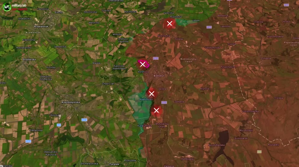 Die Gefechte im Oblast bei Bachmut: (von oben nach unten) bei Soledar, bei Yahidne, bei Andriivka und bei Kurdjumiwka.