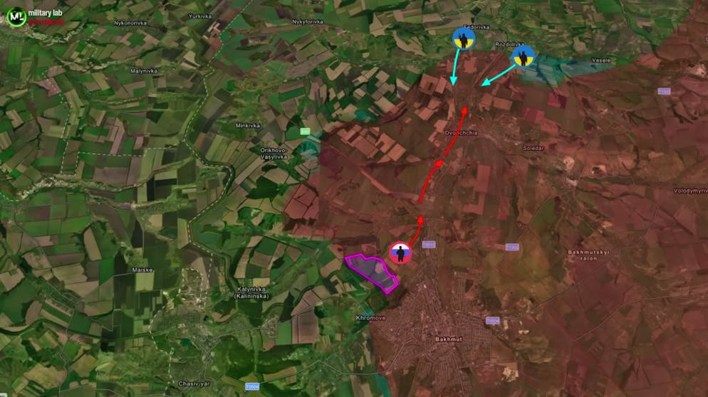 Das von den Ukrainern geräumte Gebiet nördlich von Bachmut in pink – im Rücken lauert für die Russen jedoch neuer Ärger.