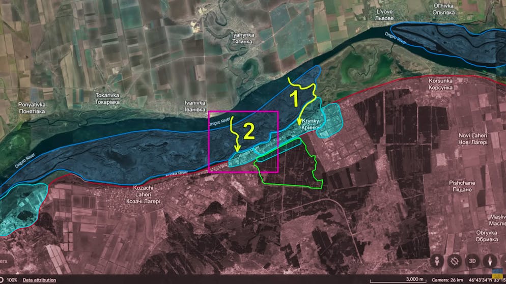 Am linken, östlichen Dnipro-Ufer sind die ukrainisch kontrollierten Gebiete hellblau gehalten. Im Mittelpunkt steht das Dorf Krynky.