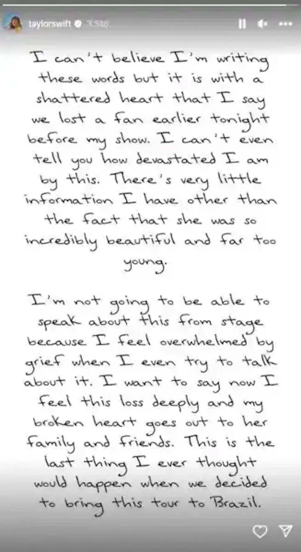 «Non posso dirvi quanto sono devastata»: Taylor Swift si rivolge ai suoi fan su Instagram.