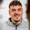 Filip Ugrinic of Switzerland speaks to the media as he arrives for the upcoming UEFA EURO 2024 European qualifying Group I matches against Israel, Kosovo and Romania at the team hotel on Monday, November 13, 2023 in Basel, Switzerland. (KEYSTONE/Philipp Schmidli)