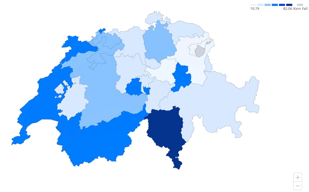 Aktuelle räumliche Verteilung der bestätigten Corona-Infektionen in der Schweiz. 