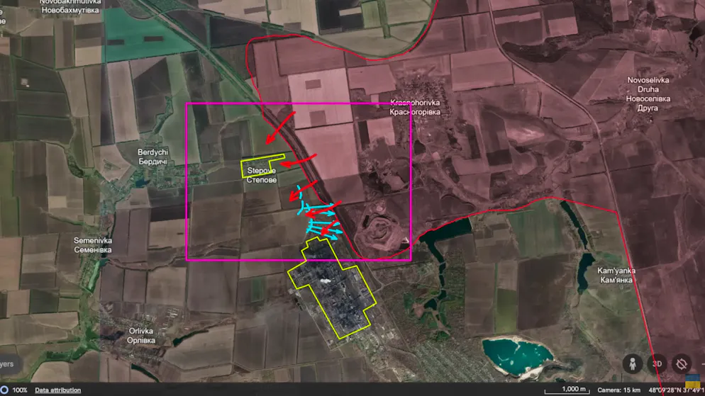 A nord di Bachmut, l'attenzione si concentra sul villaggio di Stepwoe e sul quartiere industriale (delineato in giallo).