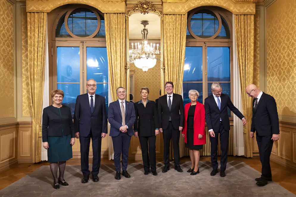 Die sieben Bundesrät*innen bis Ende März: Viola Amherd, Guy Parmelin, Ignazio Cassis, Karin Keller-Sutter, Albert Rösti, Elisabeth Baume-Schneider und Beat Jans.