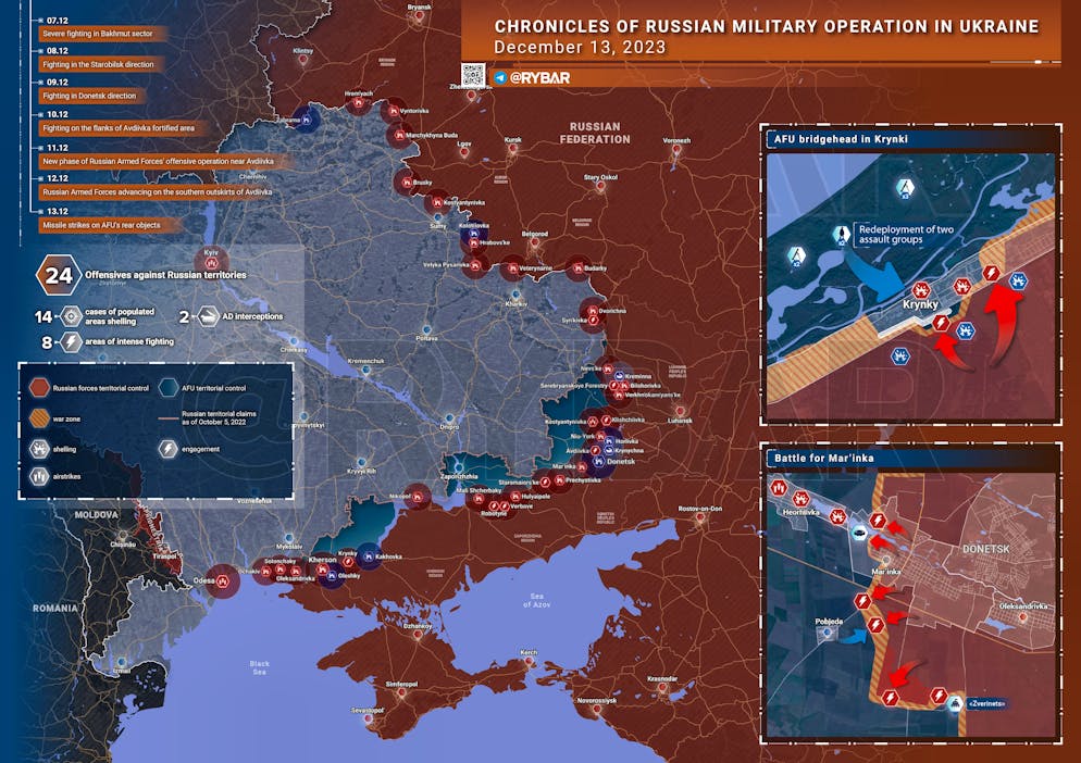 Il fronte secondo il canale filorusso Rybar. La piccola mappa in alto mostra la testa di ponte di Krynky.