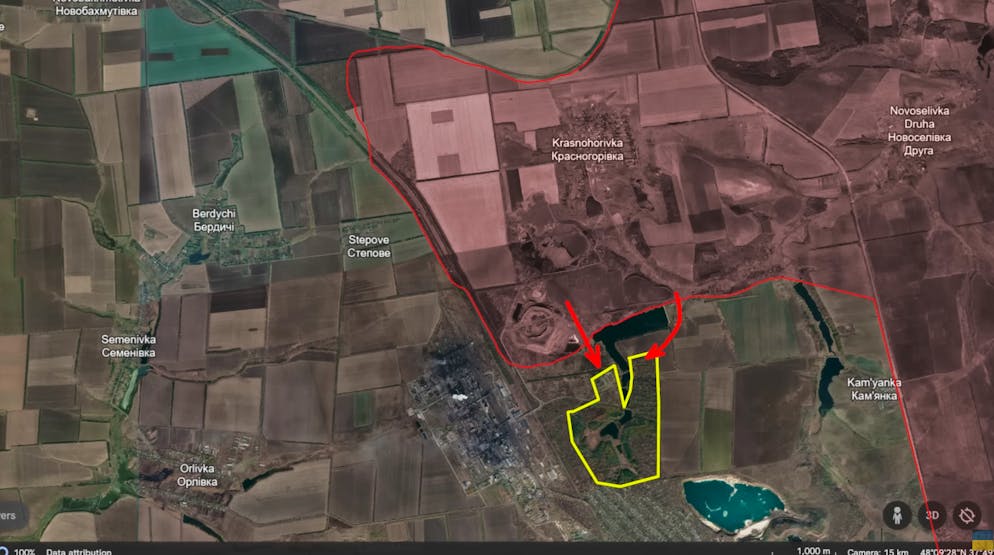 La dura battaglia di dicembre per Avdiivka azione per azione. Uno specchio d'acqua divide il sito in due parti: nella parte occidentale si trovano una stazione di pompaggio e un piccolo bosco, mentre nella parte orientale si trovano le case per le vacanze.