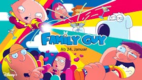 Disney+ Artwork Family Guy mit allen Animationsfiguren und farbigen Streifen