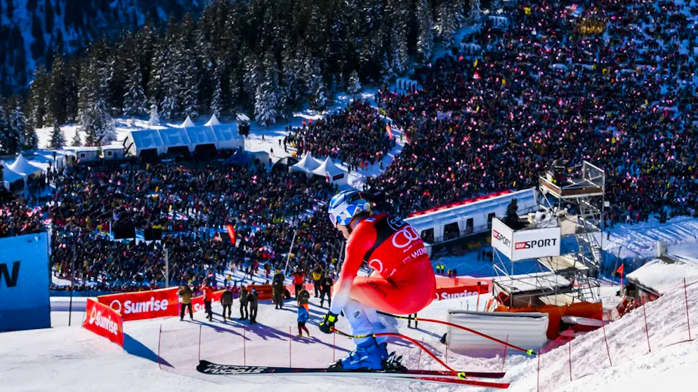 Marco Odermatt am Samstag auf dem Weg zu seinem zweiten Abfahrts-Sieg in Wengen.