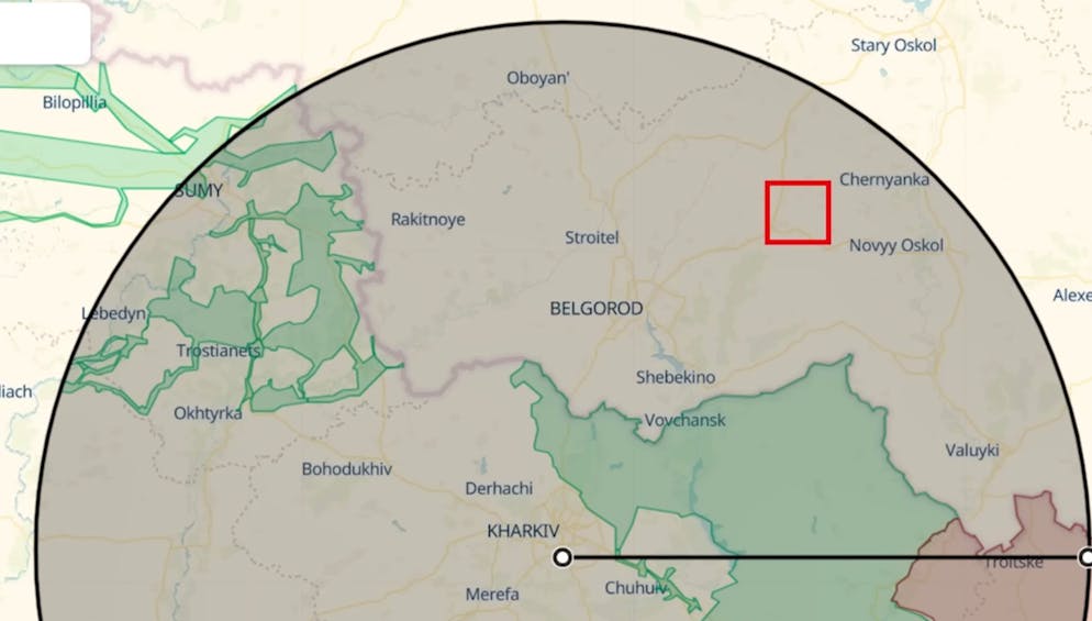 La portata di una batteria Patriot nell'area di Kharkiv (in nero), e il luogo dell'incidente (in rosso).