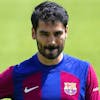 epa10751275 German player Ilkay Gundogan poses during his presentation as new club's player in Barcelona, Spain, 17 July 2023. The midfielder, from Manchester City, signed until 2025 with a buyout clause set at 400 million euro, according a club's statement. EPA/Alejandro Garcia