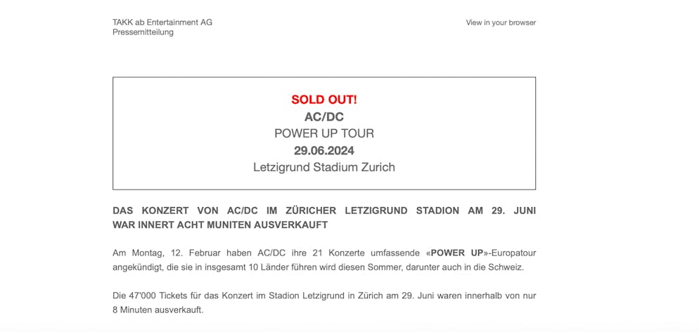 He will spend!  Eight minutes later she broke the record.  Tickets for AC/DC's summer concert in Zurich are sold out.