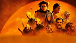 blue Cinema Artwork Quer Dune Part Two alle Hauptcharaktere vor orangem Hintergrund