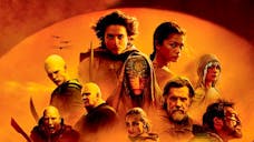 blue Cinema Dune Part Two quer mit Hauptcharakteren vor orangem Hintergrund