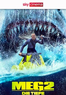 Meg 2 Artwork mit Jason Statham vor einem riesigen Hai fliehend