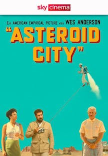 Asteroid City Artwort mit orangenem Schriftzug auf grün-blauem Hintergrund