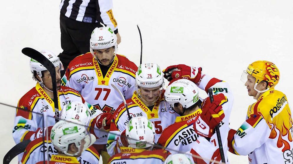 La joie des joueurs biennois, qui ont décroché leur ticket pour le play-in lundi.