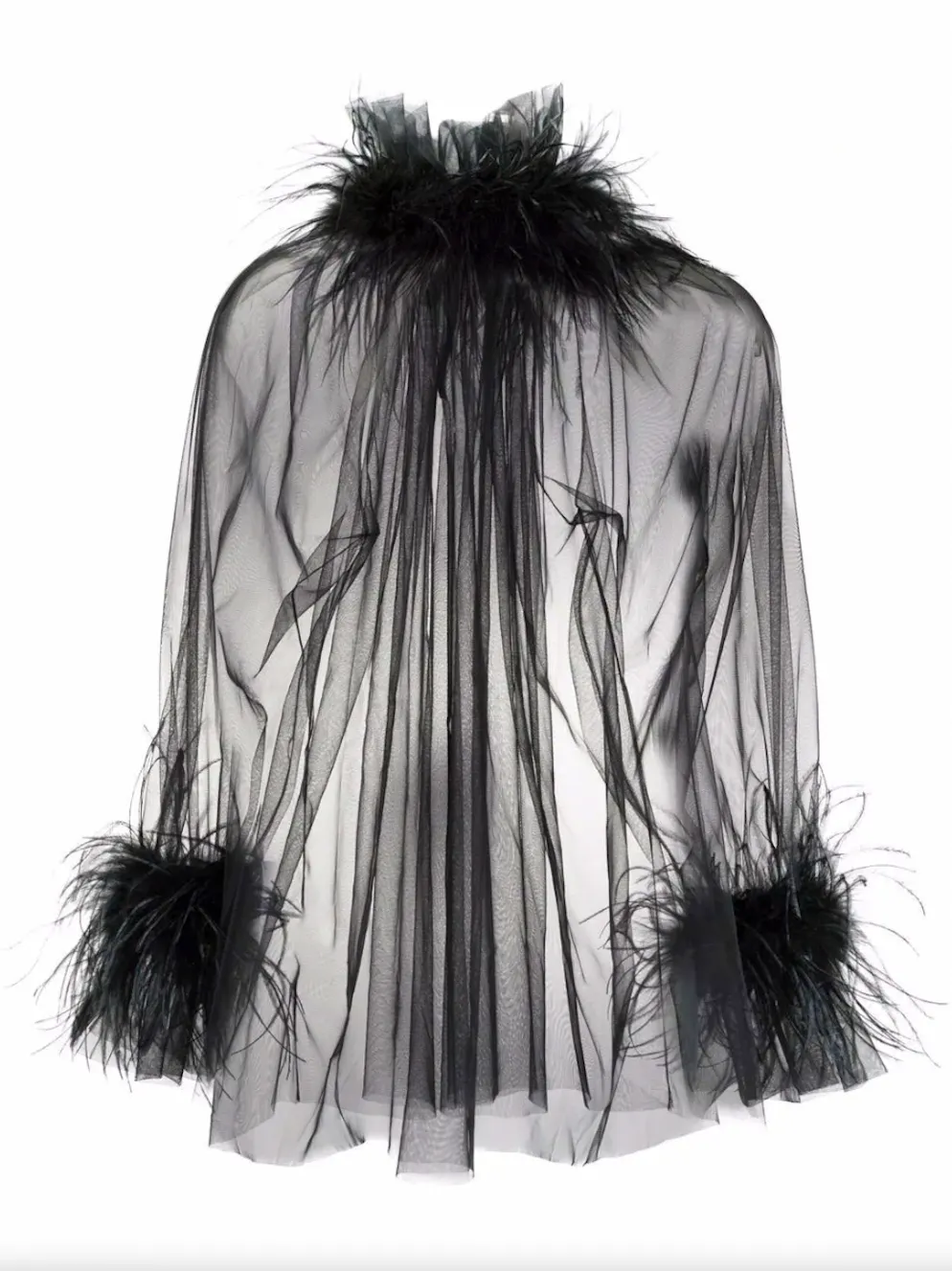 Seconda tendenza: tessuti trasparenti. Camicetta con bordi in piume di Styland per 282 franchi, via Farfetch.