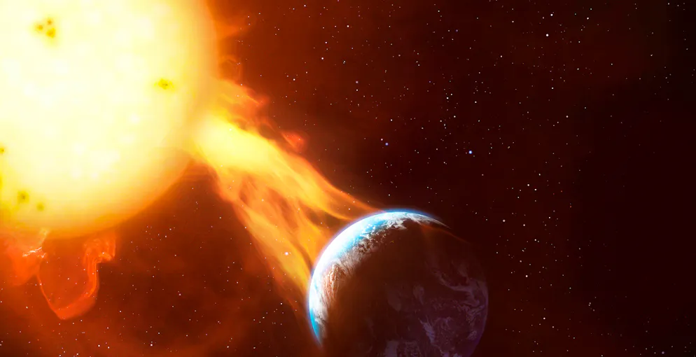 Illustration d'une éjection de masse coronale ayant un impact sur l'atmosphère terrestre.