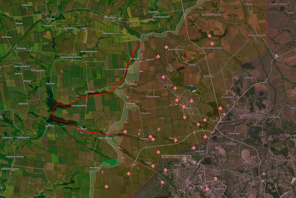 Westlich von Awdijiwka haben sich die ukrainischen Truppen an eine neue Linie (rot) zurückgezogen, die der Gegner nicht ohne Weiteres durchbrechen kann.