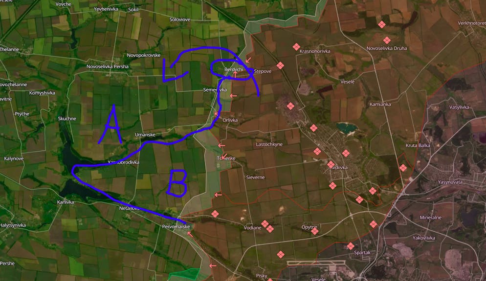 Bei Berdychi (eingekreist) können die natürlichen Hindernisse umgangen werden, die die bereiche A und B trennen.
