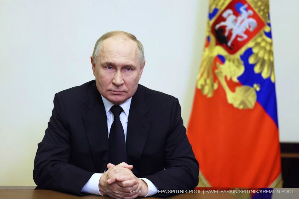 Le président russe Vladimir Poutine s'adresse aux citoyens à la suite d'un attentat terroriste au Crocus City Hall, dans la région de Moscou. Le président a annoncé une journée de deuil national en Russie le dimanche 24 mars 2024, à la mémoire des victimes de l'attentat.