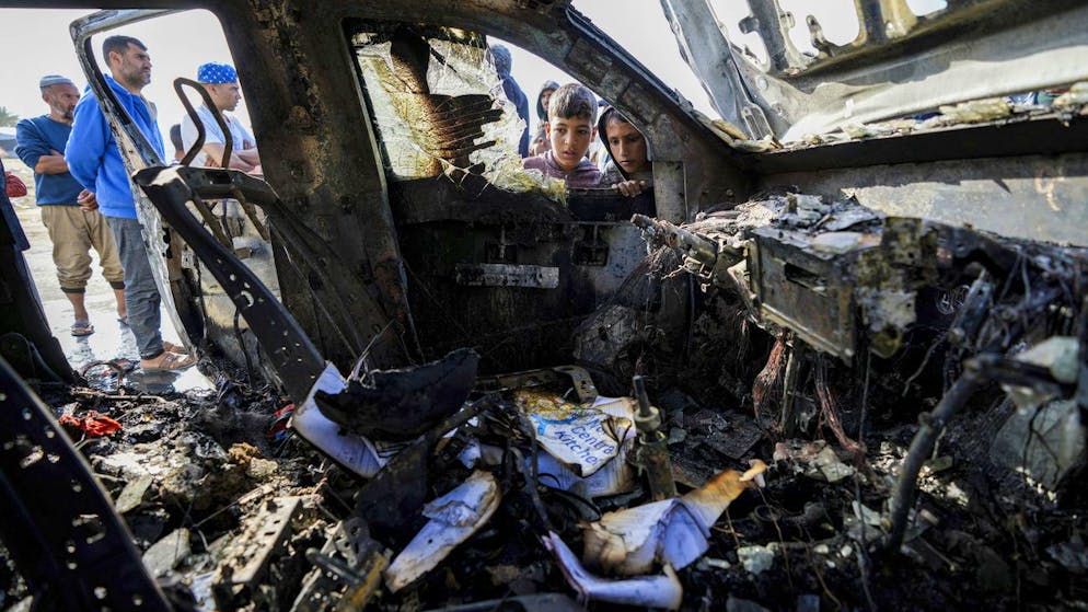 One of the vehicles that killed workers from the aid organization World Central Kitchen (WCK) in an Israeli airstrike in Deir al-Bala on Monday.