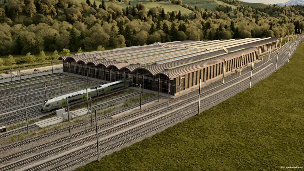 So soll die BLS-Werkstätte Oberburg dereinst aussehen. (Visualisierung)