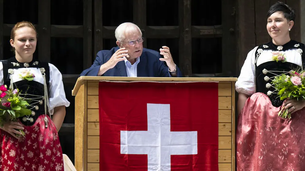 Alt-Bundesrat Christoph Blocher im Juli 2023 an der Bundesfeier von Pro Schweiz in Interlaken.