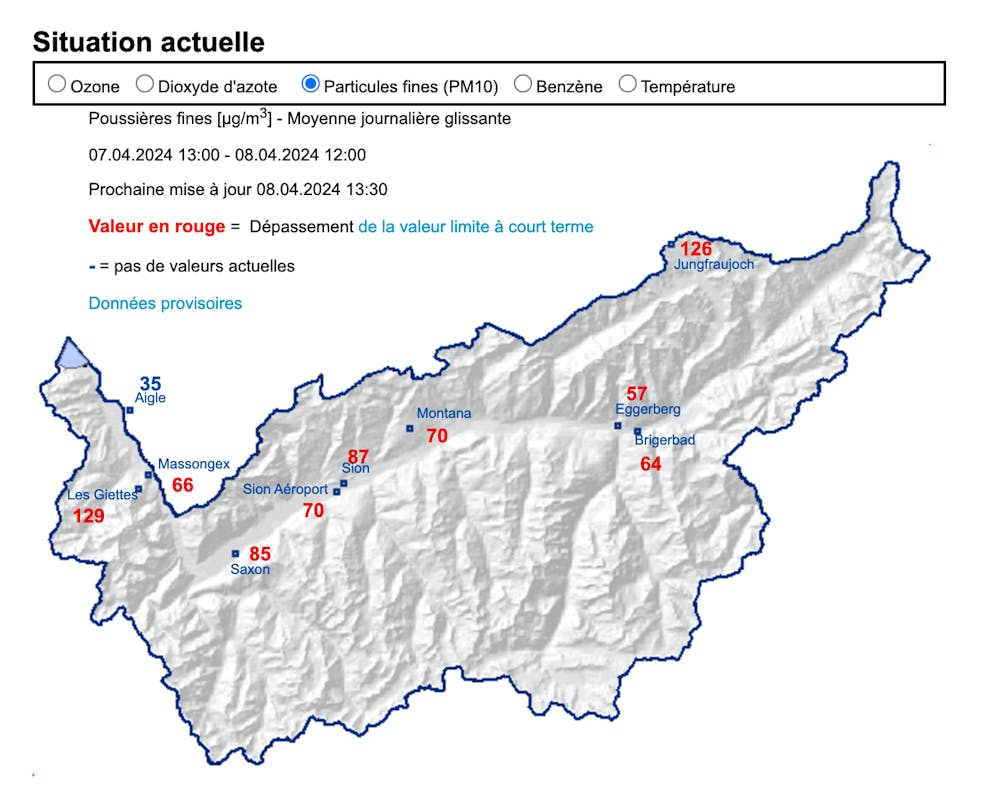 Les particules fines mesurées en Valais entre le 7 et le 8 avril 2024.