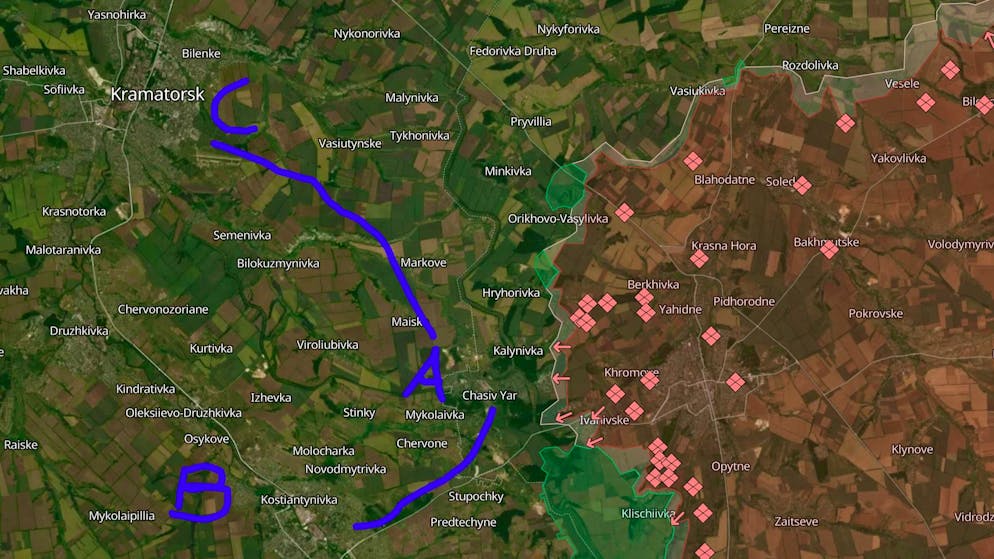 Von Tschassiw Jar (A) aus bieten sich Konstjantyniwka (B) oder Kramatorsk (C) als nächste Ziele an.