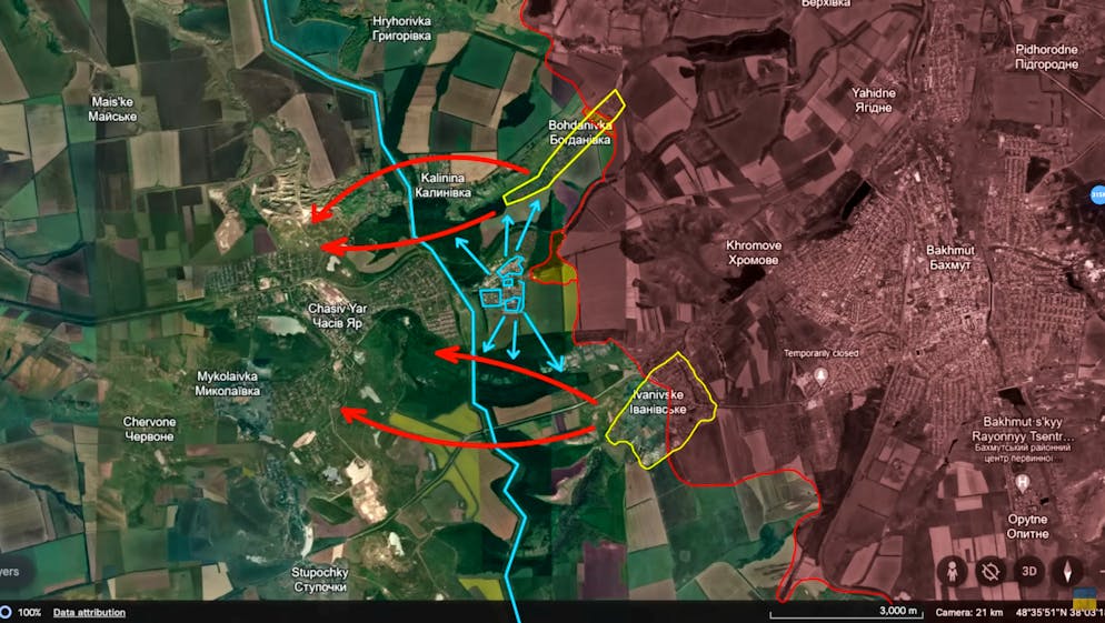 Diese Karte von Reporting from Ukraine zeigt anschaulich die Verteidigungslinie von Tschassiw Jar: Gekämpft wird östlich des Kanals (blaue Linie) in (von Nord nach Süd) Bohdanivka, einem vorgelagerten Stadtteil von Tschassiw Jar und Ivanivska. Weiter östlich liegt das eroberte Bachmut.