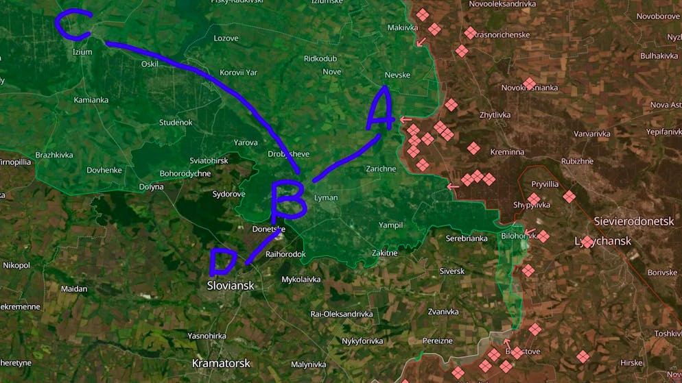 Potenzielle russische Marschwege: Von Terny (A) geht es weiter nach Lyman (B) und Slowjansk D), aber auch ein Abstecher nach Isjum (C) wäre denkbar.