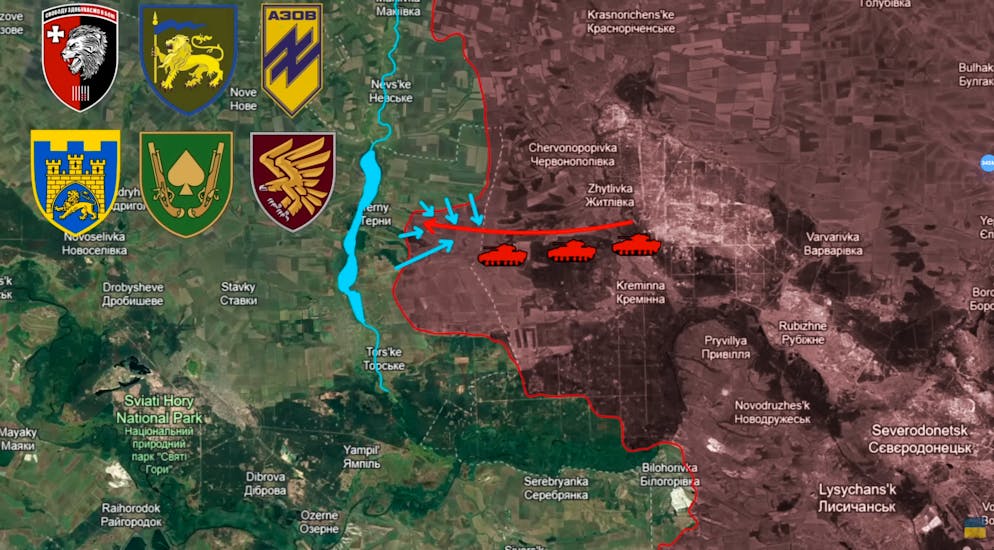 Terny liegt zwar relativ tief am Fluss Scherebets, doch an dessen anderer Uferseite steigt das Gelände wieder an: So lässt sich das Dorf gut verteidigen.