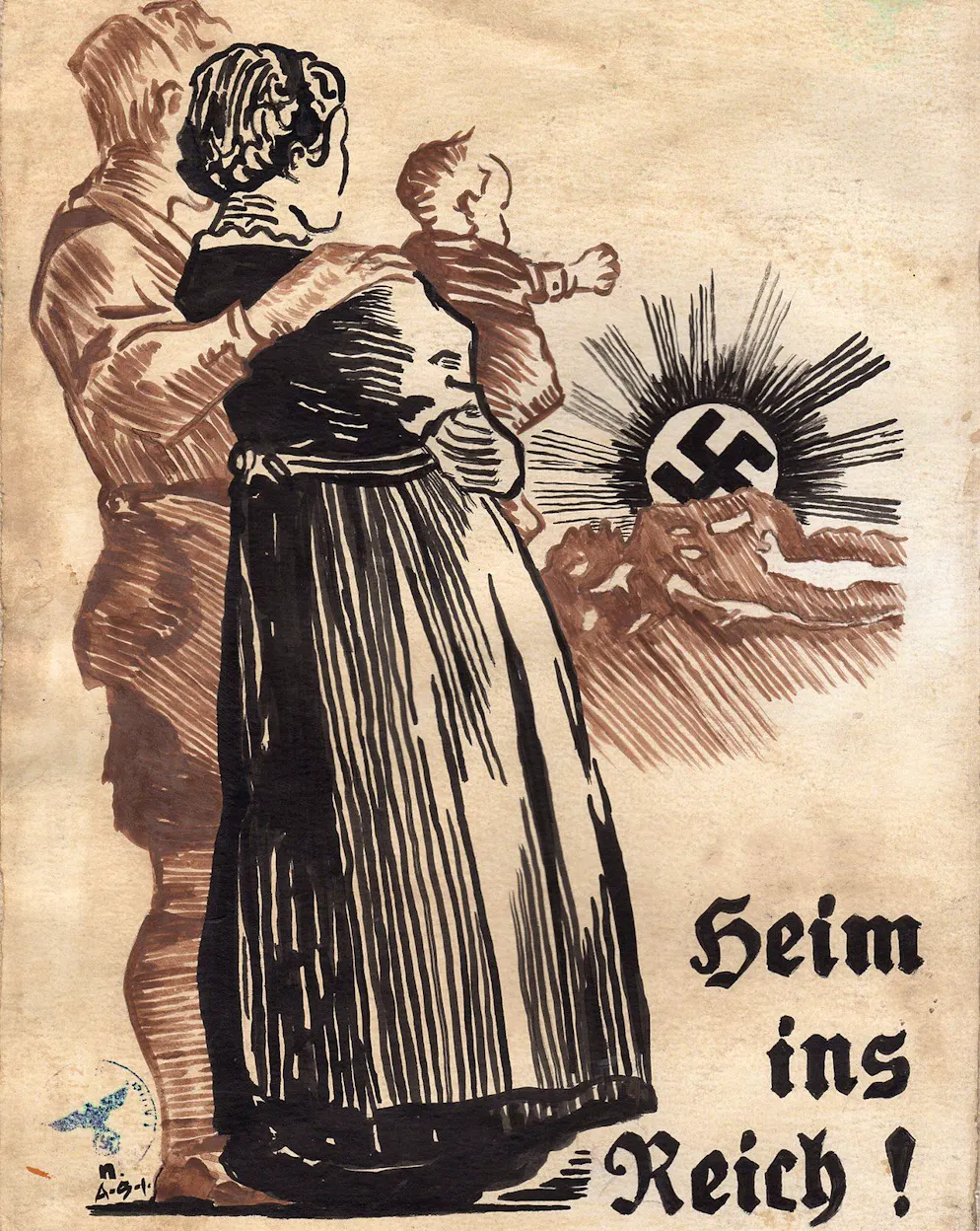 NS-Propaganda-Entwurf mit Südtiroler Trachtenpaar von 1939: Auslandsdeutsche sollten über «Volkstumsbrücken» in Gebiete im heutigen Polen umgesiedelt werden.