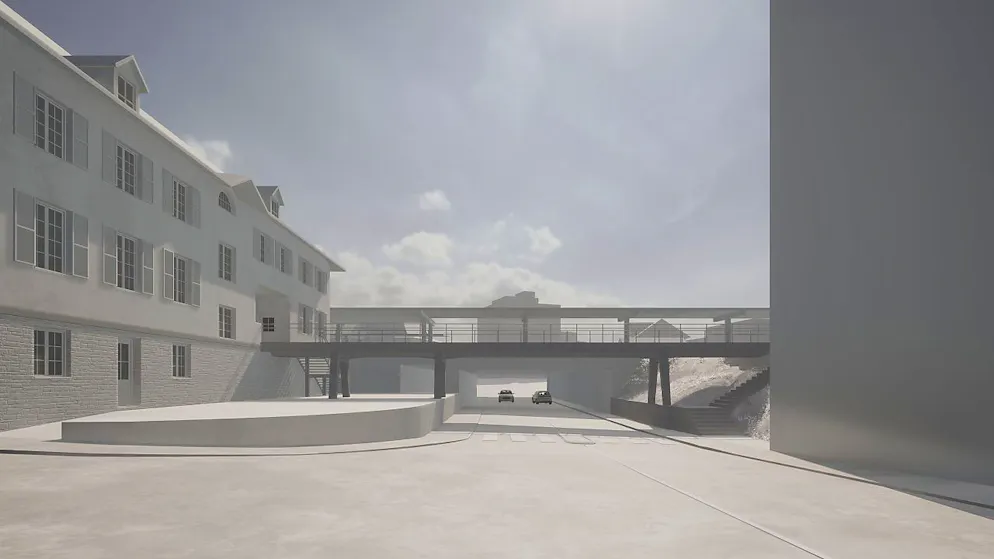 Eine Visualisierung zeigt, wie, die neue Passerelle beim Bahnhof Thun von der Frutigenstrasse aus betrachtet aussehen soll.