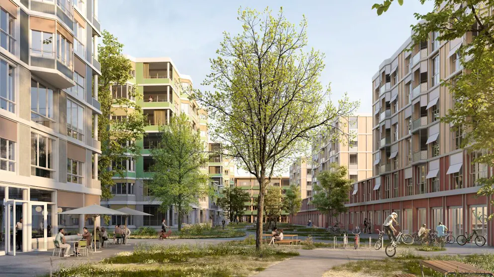 So soll das an das Papieri-Areal angrenzende Areal Pavatex Süd dereinst aussehen. Die geplante Schule Pavatex ist ganz hinten zu sehen. (Visualisierung)