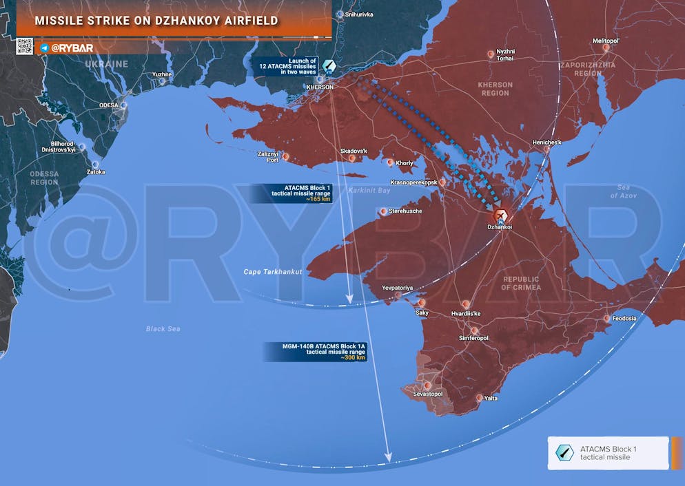 Il canale filo-russo Telegram Rybar descrive gli attacchi ucraini a Dzhankoi. Vengono mostrate le portate dei missili ATACMS MGM-140A con una gittata fino a 165 chilometri e dell'MGM-140B con una gittata di 300 chilometri.