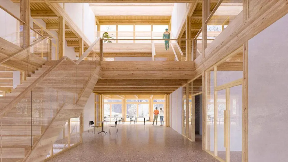 Als neues Ausbildungszentrum für den Bündner Zivilschutz ist ein dreistöckiger Holzbau in Churwalden vorgesehen. (Visualisierung)