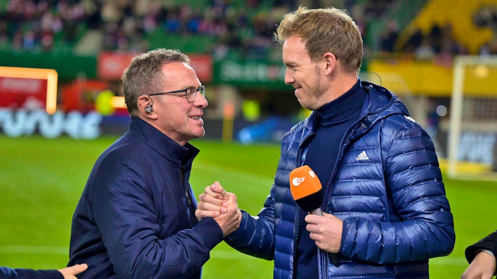 Ralf Rangnick und Julian Nagelsmann im November 2023 im Rahmen des Testspiels zwischen Österreich und Deutschland.