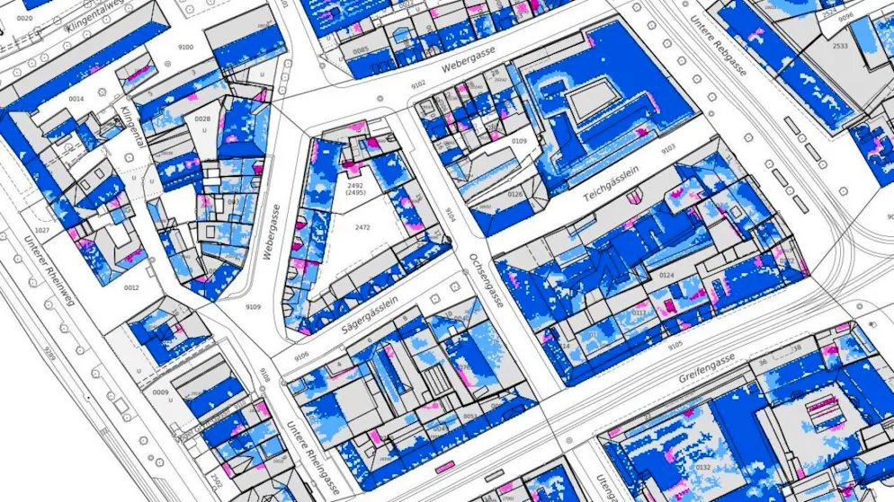 Gemäss Solarkataster des Kantons sind praktisch alle Liegenschaften in Basel-Stadt für die Gewinnung von Strom aus Sonnenenergie geeignet.