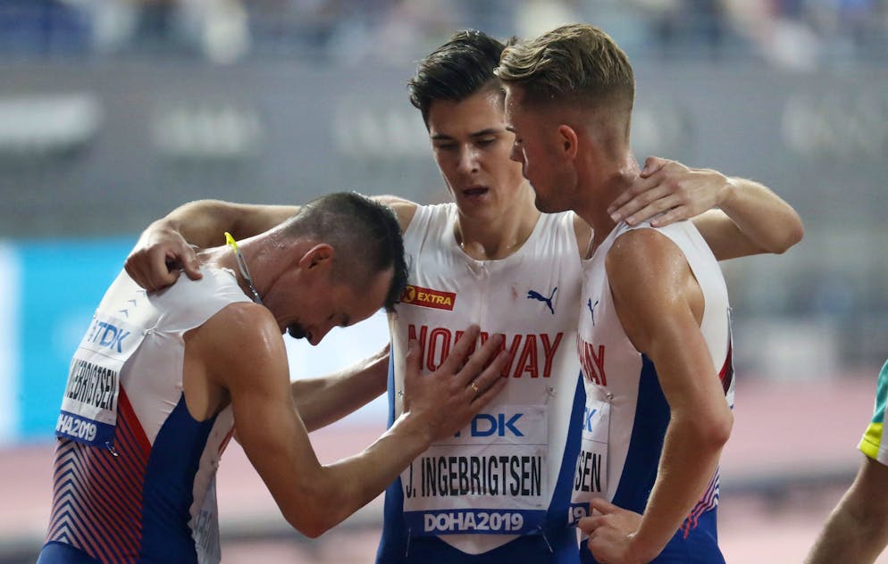 I fratelli Ingebrigtsen: da sinistra Henrik, Jakob e Filip, al termine della finale sui 5'000 metri ai Campionati del Mondo di atletica svoltisi a Doha nel 2019.