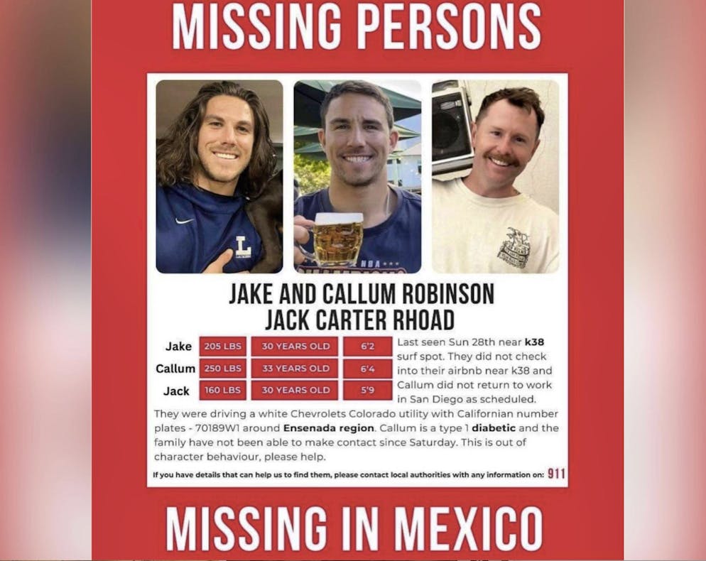 Tres surfistas desaparecidos en México.  Callum, Jake Robinson y Jack Carter están desaparecidos desde finales de abril.