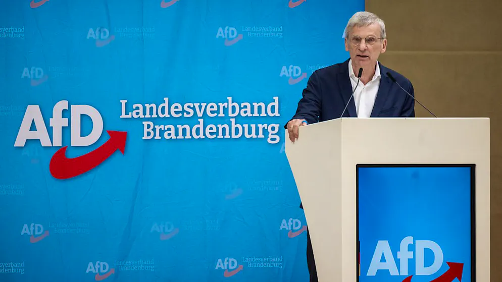 Hans-Christoph Berndt, Kandidat für den Spitzenplatz der AfD Brandenburg für die Landtagswahl, spricht beim Landesparteitag der AfD Brandenburg in der Wiesenhalle. Foto: Monika Skolimowska/dpa