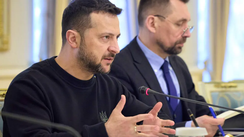 HANDOUT - Präsident Selenskyj während eines Treffens mit US-Außenminister Blinken in Kiew. Foto: ---/Ukrainian Presidential Press Office/AP/dpa - ACHTUNG: Nur zur redaktionellen Verwendung und nur mit vollständiger Nennung des vorstehenden Credits
