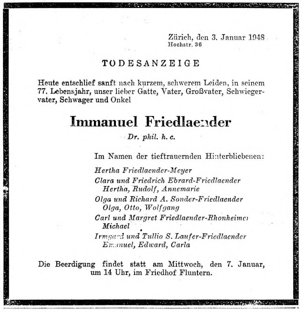 Immanuel Friedländer: Wer lebt hier denn so gefährlich?. Immanuel Friedländer stirbt am 3. Januar 1948. Seine Stiftung «Stiftung Vulkaninstitut Immanuel Friedlaender» hat ihren Sitz heute an der ETH Zürich. Als der bedeutendste Nachlass des Geologen gilt seine umfangreiche Fotosammlung mit über 8900 Fotos vulkanischer Formationen. Sie lagert im Bildarchiv der ETH-Bibliothek.